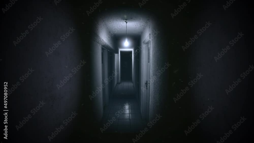 Mystical dark hall of hotel with flash light, motion horror, mystical and Halloween style background