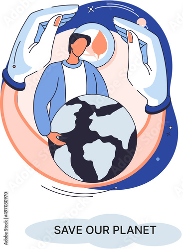 Save our planet ecological metaphor Earth day, love for native home. Sustainable gardening renewable energy. Caring for nature protecting environment stop air and water pollution, rational consumption