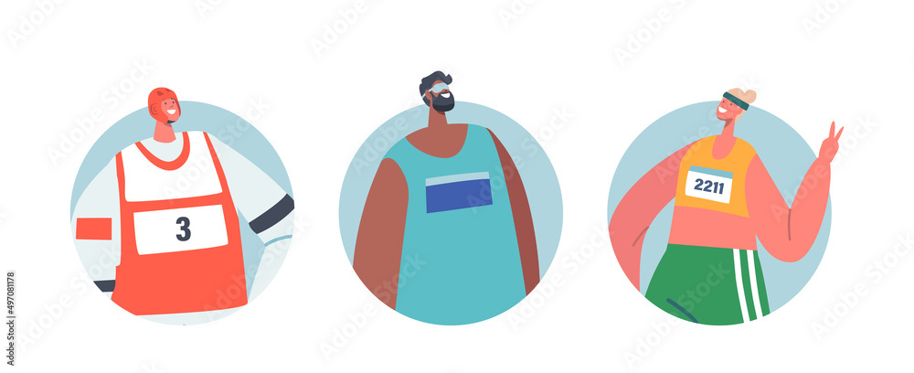 Paralympic and Healthy Athletes Isolated Round Icons or Avatars, Sportsmen Characters in Uniform, Young Disabled Athlete Paralympic and Healthy Athletes Isolated Round Icons or Avatars, Sportsmen Characters in Uniform, Young Disabled Athlete