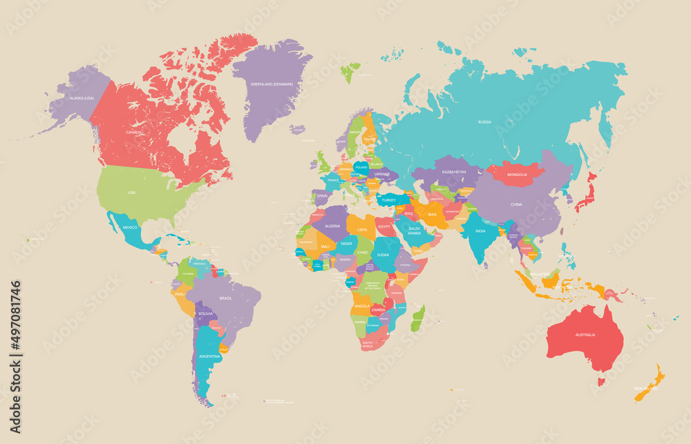 World political earth map in retro color palette, vector illustration.