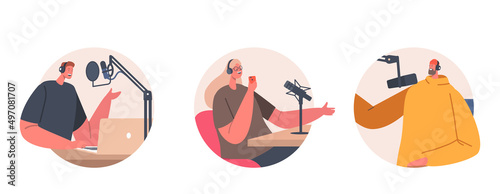Podcasters Isolated Round Icons or Avatars. Characters Wear Headphones Speaking in Microphone Sitting at Desk in Studio