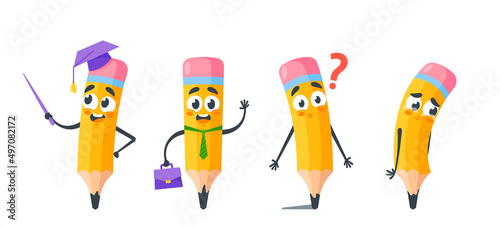Set of Cartoon Pencils wear Graduation Cap with Pointer, Happy Businessman with Briefcase, Confused Personage
