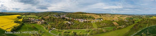 Bird's-eye view of a spring landscape in the Taunus/Germany with blooming rapeseed