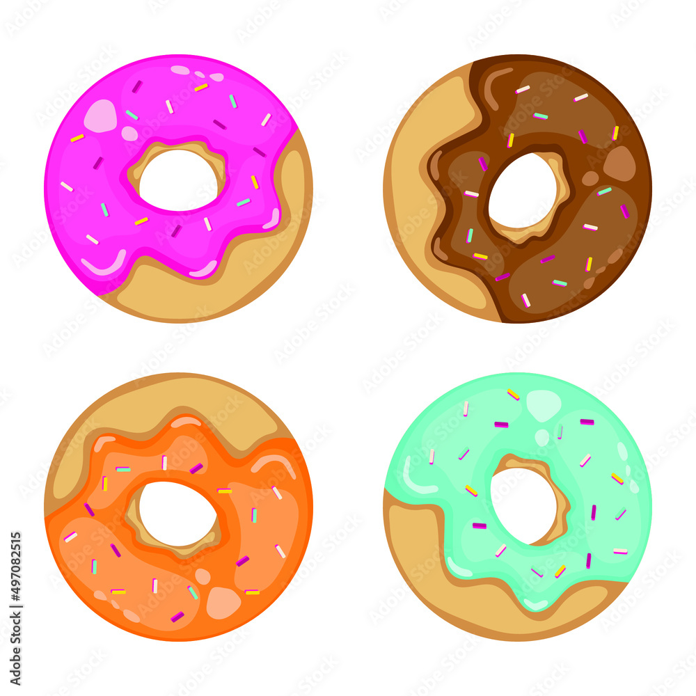 Fototapeta premium Set of cartoon colorful donuts. Top view donut collection. vector illustration in flat style.