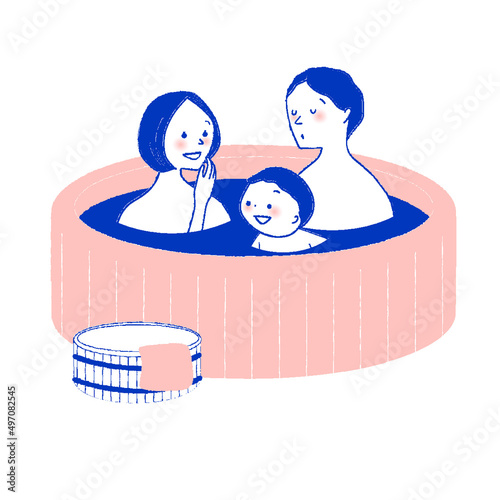 温泉に入浴する家族

