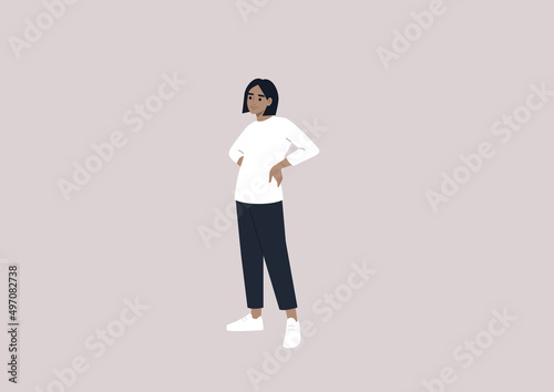 A young female Caucasian character standing with their hands on waist, casual millennial lifestyle