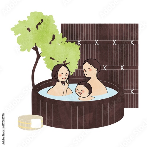 温泉に入浴する家族
