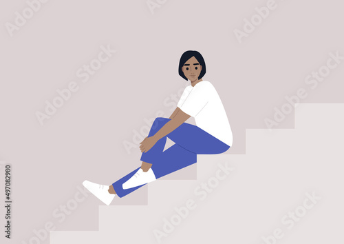 A young female Caucasian character sitting on a staircase, casual millenial lifestyle