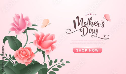 Happy Mother’s day with beautiful flowers on soft pink background. Vintage greeting or invitation card vector illustration design for mom day, valentine and wedding