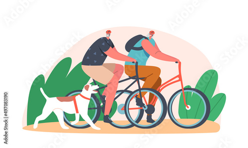Elderly Couple Characters Riding Bicycle With Dog at City Park. Happy Smiling Mature Man and Woman Outdoor Activity