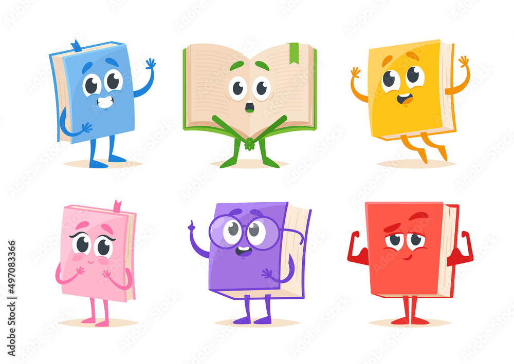 Set of Cute Cartoon Books Characters With Different Emotions and Actions. Isolated Personages in Colorful Covers