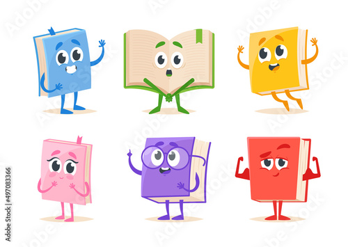 Set of Cute Cartoon Books Characters With Different Emotions and Actions. Isolated Personages in Colorful Covers