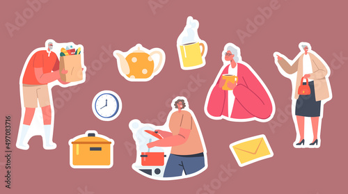 Set of Stickers Volunteers Care of Elderly People Cooking Food, Deliver Grocery, Caregiving, Social Help to Seniors