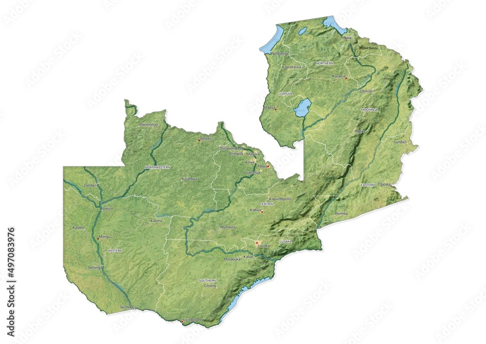 Isolated map of Zambia with capital, national borders, important cities, rivers,lakes. Detailed map of Zambia suitable for large size prints and digital editing.