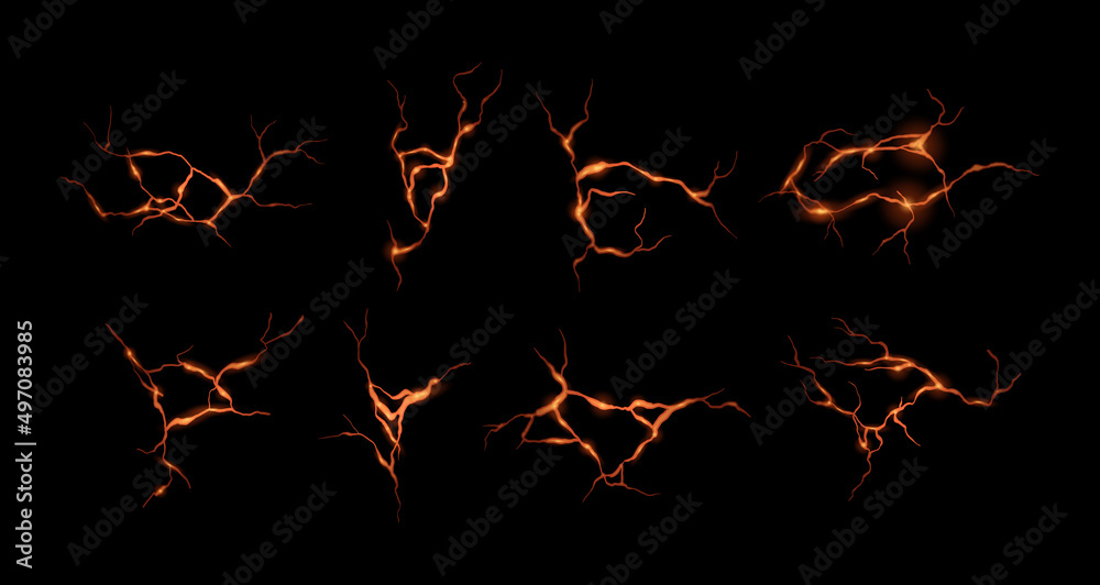Ground cracks with orange lava light inside. Vector realistic set of volcano magma, thunderbolt, flaming cracks in the ground, neon fissure, earthquake. Top view. Land destruction texture.