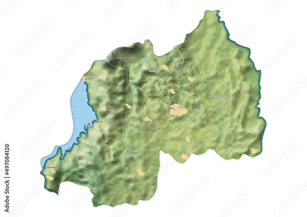 Isolated map of Rwanda with capital, national borders, important cities, rivers,lakes. Detailed map of Rwanda suitable for large size prints and digital editing.