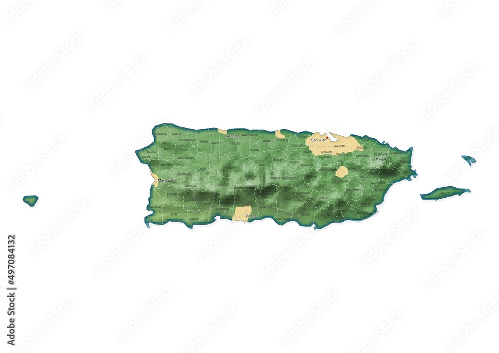 Isolated map of Puerto Rico with capital, national borders, important cities, rivers,lakes. Detailed map of Puerto Rico suitable for large size prints and digital editing.