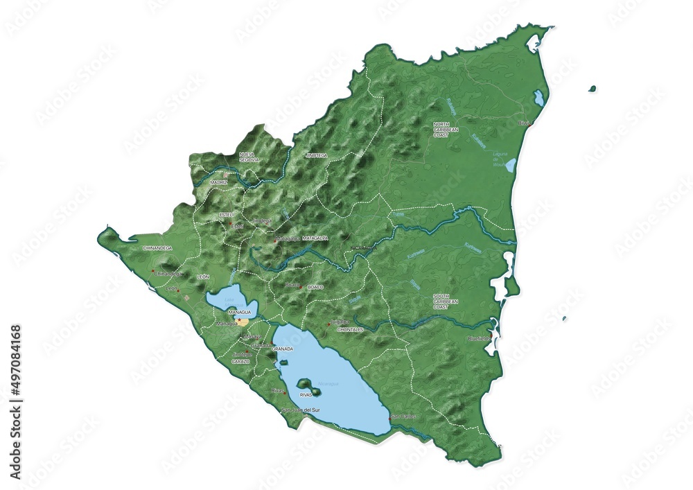 Isolated map of Nicaragua with capital, national borders, important cities, rivers,lakes. Detailed map of Nicaragua suitable for large size prints and digital editing. Isolated map of Nicaragua with capital, national borders, important cities, rivers,lakes. Detailed map of Nicaragua suitable for large size prints and digital editing.