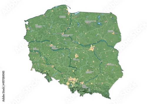 Isolated map of Poland with capital, national borders, important cities, rivers,lakes. Detailed map of Poland suitable for large size prints and digital editing.
