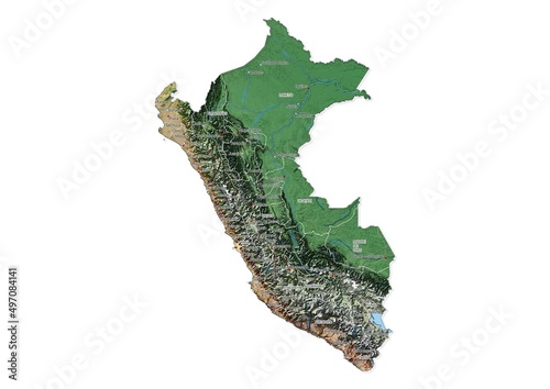 Isolated map of Peru with capital, national borders, important cities, rivers,lakes. Detailed map of Peru suitable for large size prints and digital editing. photo