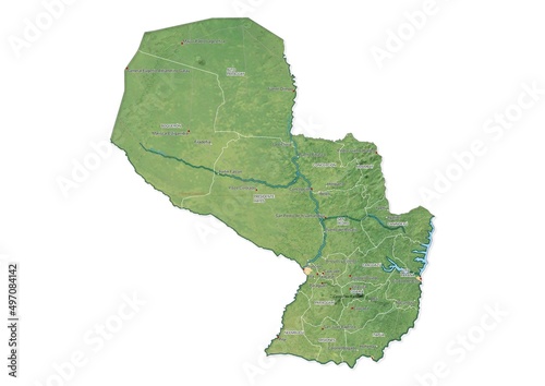 Isolated map of Paraguay with capital  national borders  important cities  rivers lakes. Detailed map of Paraguay suitable for large size prints and digital editing.