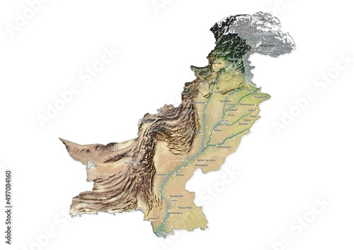 Isolated map of Pakistan with capital, national borders, important cities, rivers,lakes. Detailed map of Pakistan suitable for large size prints and digital editing. photo