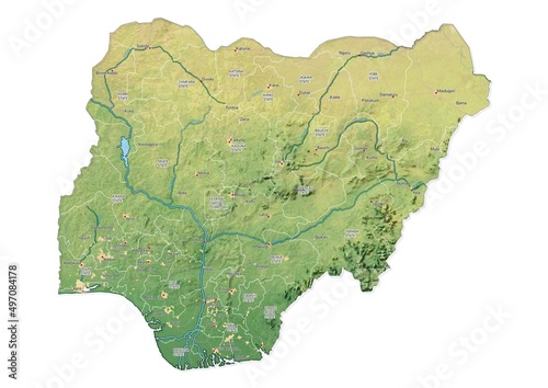 Isolated map of Nigeria with capital, national borders, important cities, rivers,lakes. Detailed map of Nigeria suitable for large size prints and digital editing.