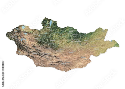 Isolated map of Mongolia with capital, national borders, important cities, rivers,lakes. Detailed map of Mongolia suitable for large size prints and digital editing. photo