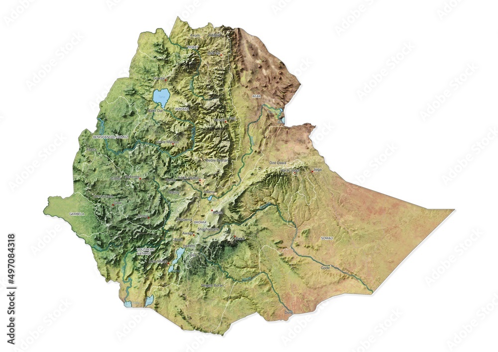 Isolated map of Ethiopia with capital, national borders, important cities, rivers,lakes. Detailed map of Ethiopia suitable for large size prints and digital editing.