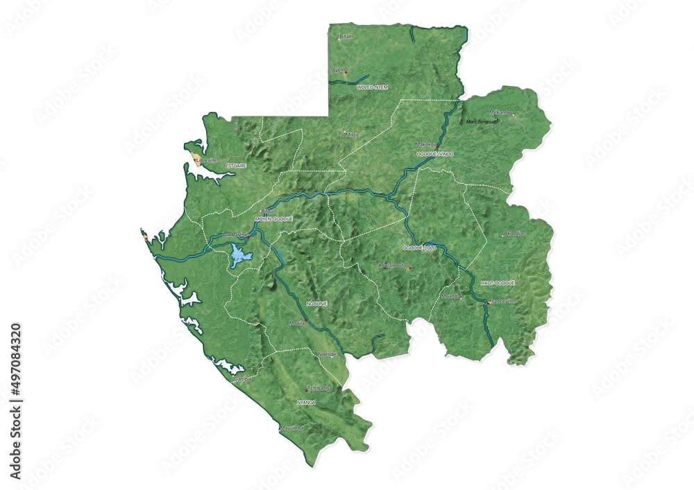 Isolated map of Gabon with capital, national borders, important cities