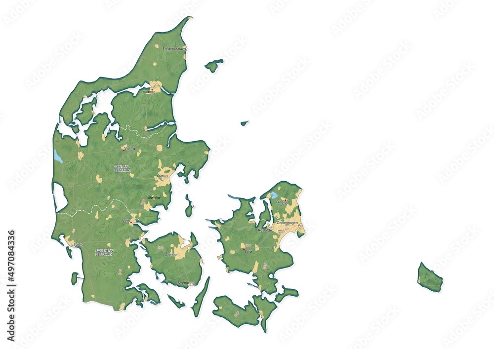 Isolated map of Denmark with capital, national borders, important cities, rivers,lakes. Detailed