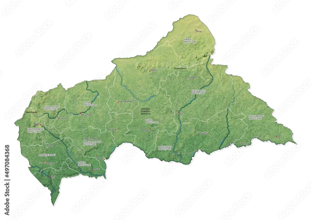 Isolated map of Central African Republic with capital, national borders, important cities, rivers,lakes. Detailed map of Central African Republic suitable for large size prints and digital editing.