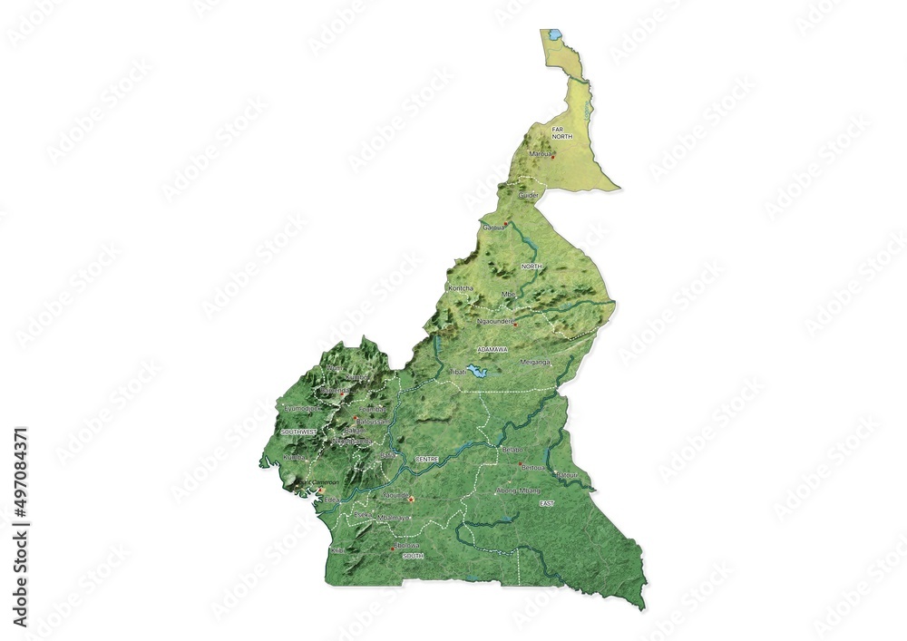 Isolated map of Cameroon with capital, national borders, important