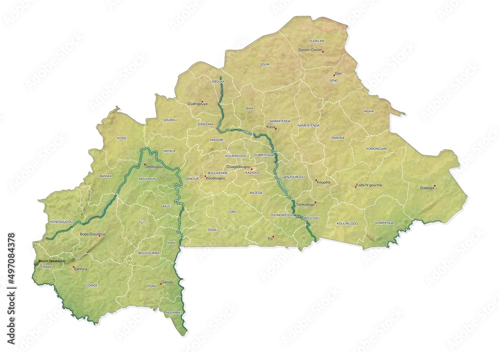 Obraz premium Isolated map of Burkina Faso with capital, national borders, important cities, rivers,lakes. Detailed map of Burkina Faso suitable for large size prints and digital editing.