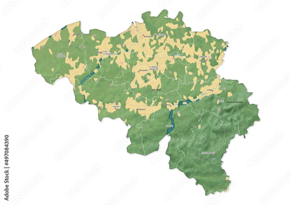 Isolated map of Belgium with capital, national borders, important cities, rivers,lakes. Detailed map of Belgium suitable for large size prints and digital editing.