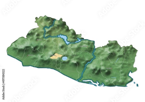 Isolated map of El Salvador with capital, national borders, important cities, rivers,lakes. Detailed map of El Salvador suitable for large size prints and digital editing. photo