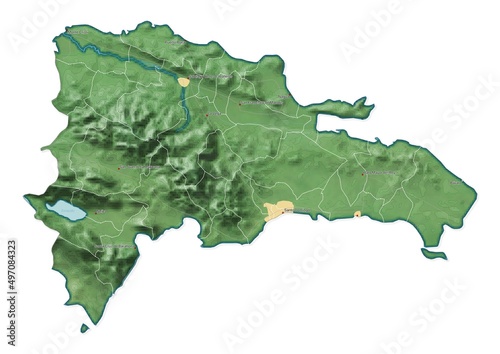 Isolated map of Dominican Republic with capital, national borders, important cities, rivers,lakes. Detailed map of Dominican Republic suitable for large size prints and digital editing. photo