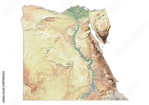 Isolated map of Egypt with capital, national borders, important cities, rivers,lakes. Detailed map of Egypt suitable for large size prints and digital editing.