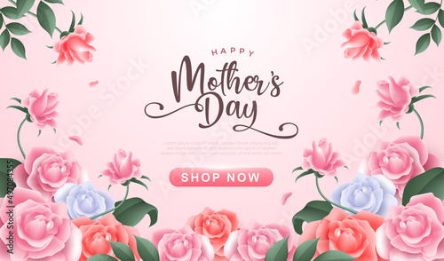 Happy Mother’s day with beautiful flowers on soft pink background. Vintage greeting or invitation card vector illustration design for mom day, valentine and wedding