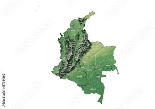 Isolated map of Colombia with capital, national borders, important cities, rivers,lakes. Detailed map of Colombia suitable for large size prints and digital editing. photo