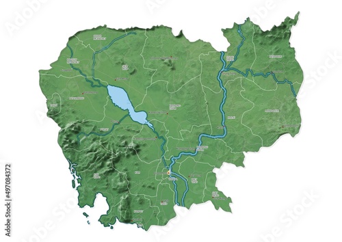 Isolated map of Cambodia with capital, national borders, important cities, rivers,lakes. Detailed map of Cambodia suitable for large size prints and digital editing. photo
