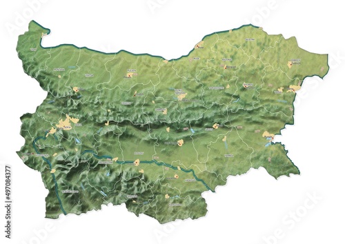 Isolated map of Bulgaria with capital, national borders, important cities, rivers,lakes. Detailed map of Bulgaria suitable for large size prints and digital editing. photo