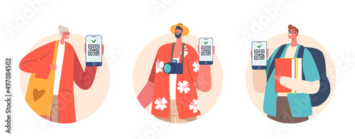 People Show Certificates with Qr Code on Device. Young and Elderly Characters Immunization. Vaccinated Men and Women