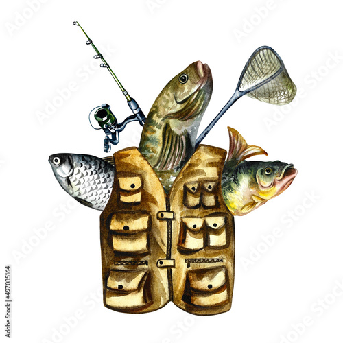 Composition for the angler. Vest, fish and fishing rod Watercolor illustration. For design fishing solutions.
