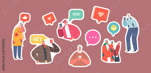 Set of Stickers Elderly People Communicate in Social Networks. Senior Male and Female Characters with Mobile Phones
