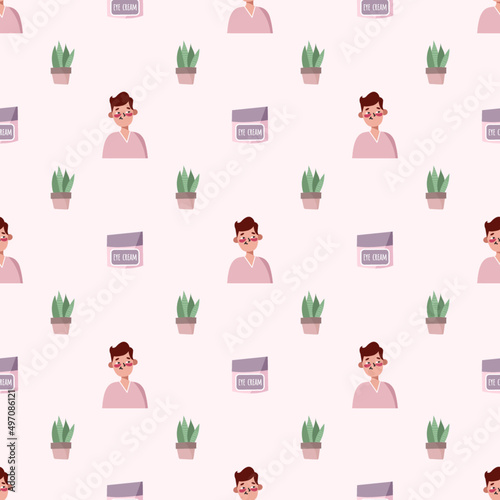 Seamless vector pattern with boy and skin care. 