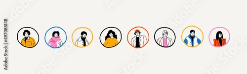 Various portraits of men and women. Diverse stylish people in trendy clothes. Korean japanese asian cartoon style. Hand drawn modern Vector illustration. Templates for social media icons, avatars