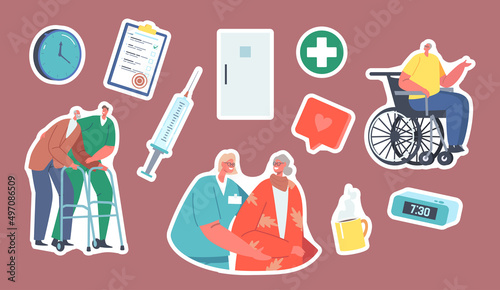 Set of Stickers Medical Care of Elderly People. Medics Help Old Disabled People in Clinic. Social Worker Care of Seniors