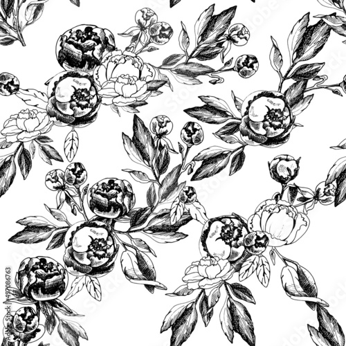 Wallpaper Mural Peonies hand-drawing black and white seamless pattern black graphic contour of peonies, drawn by a liner, on a white backgroun Torontodigital.ca
