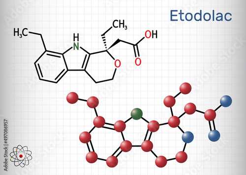 Etodolac molecule. It is nonsteroidal anti-inflammatory drug NSAID with analgesic and antipyretic properties. Structural chemical formula, molecule model. Sheet of paper in a cage